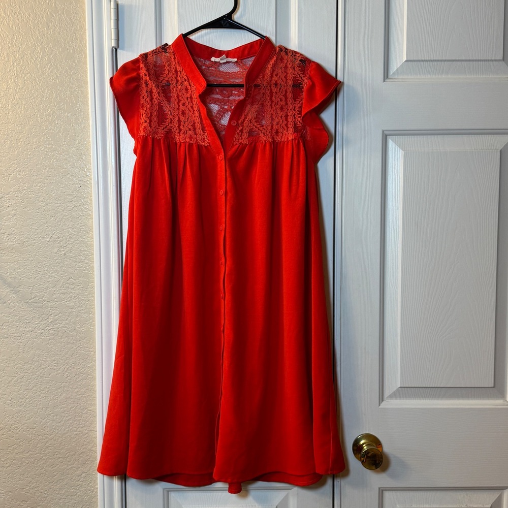 ee:some Red Button Up Dress Ruffle Sleeves Mesh Lace Top Women's Sz Small V-Neck